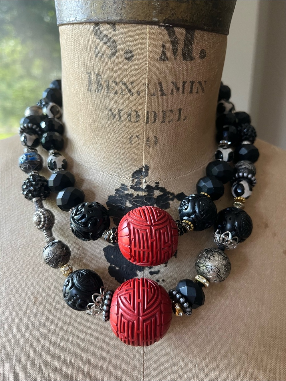 Katrina 2 cinnebar medley necklaces! Vintage beads, old Chinese silver, etc.